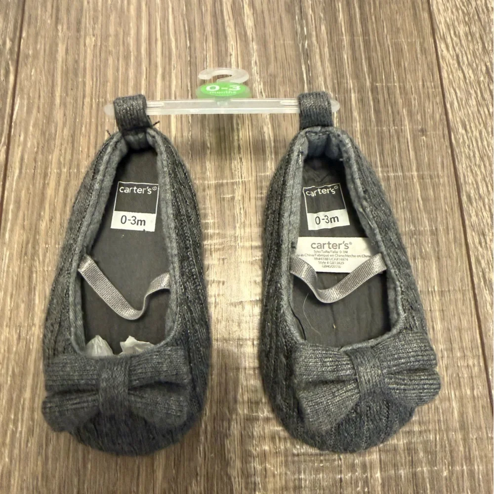 CARTER'S Baby Girls Cable Knit Ballet Flat w/ Bow CRIB SHOE Gray 0-3 months